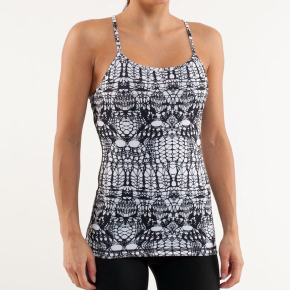Like new! Lululemon Power Y Tank Top, white & black glacier lace print (size 2) - Picture 1 of 5